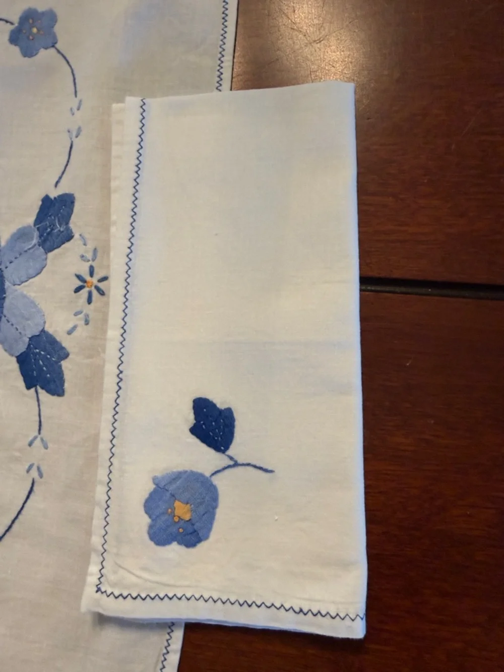 Three Blue Floral Embroidered Placemats and 4 Napkins - Home Dining